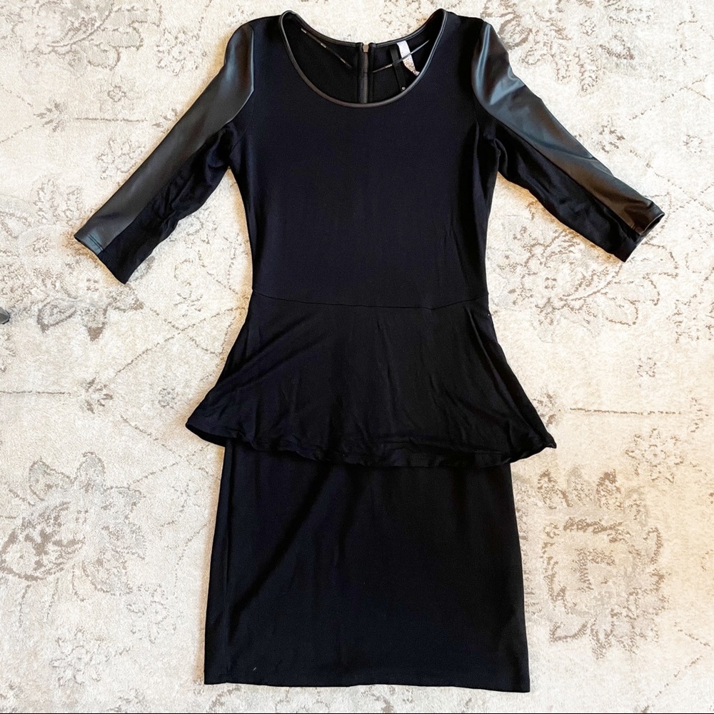 Kensie Black Bodycon Peplum Dress with Faux Leather Sleeves Size Small